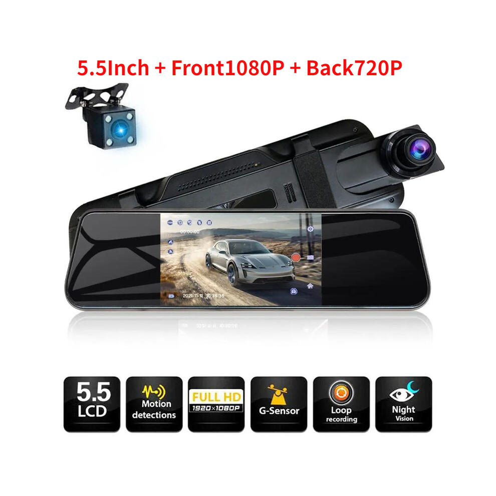 (5.5Inch-1080P-720P, 2-32G) Kmind Car Rearview Mirror Recorder Dashcam 10-Inch Full-Screen 2K Hd With 2 Camera Video Dash Cam Dvr 9180193707984