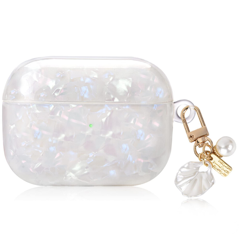 Cute Airpods Pro Case With Shell Pearl Keychain Bling Marble Design Hard Tpu Cover Comparable With Airpod Pro Case For Girls And Womens White 6138456467321