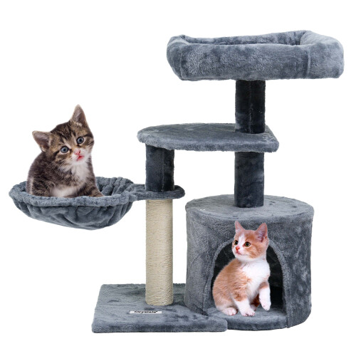 Large Multilevel Cat Tree Scratching Post with Plush Perches, Hideout and Rope Toy - Stable, Easy Assembly