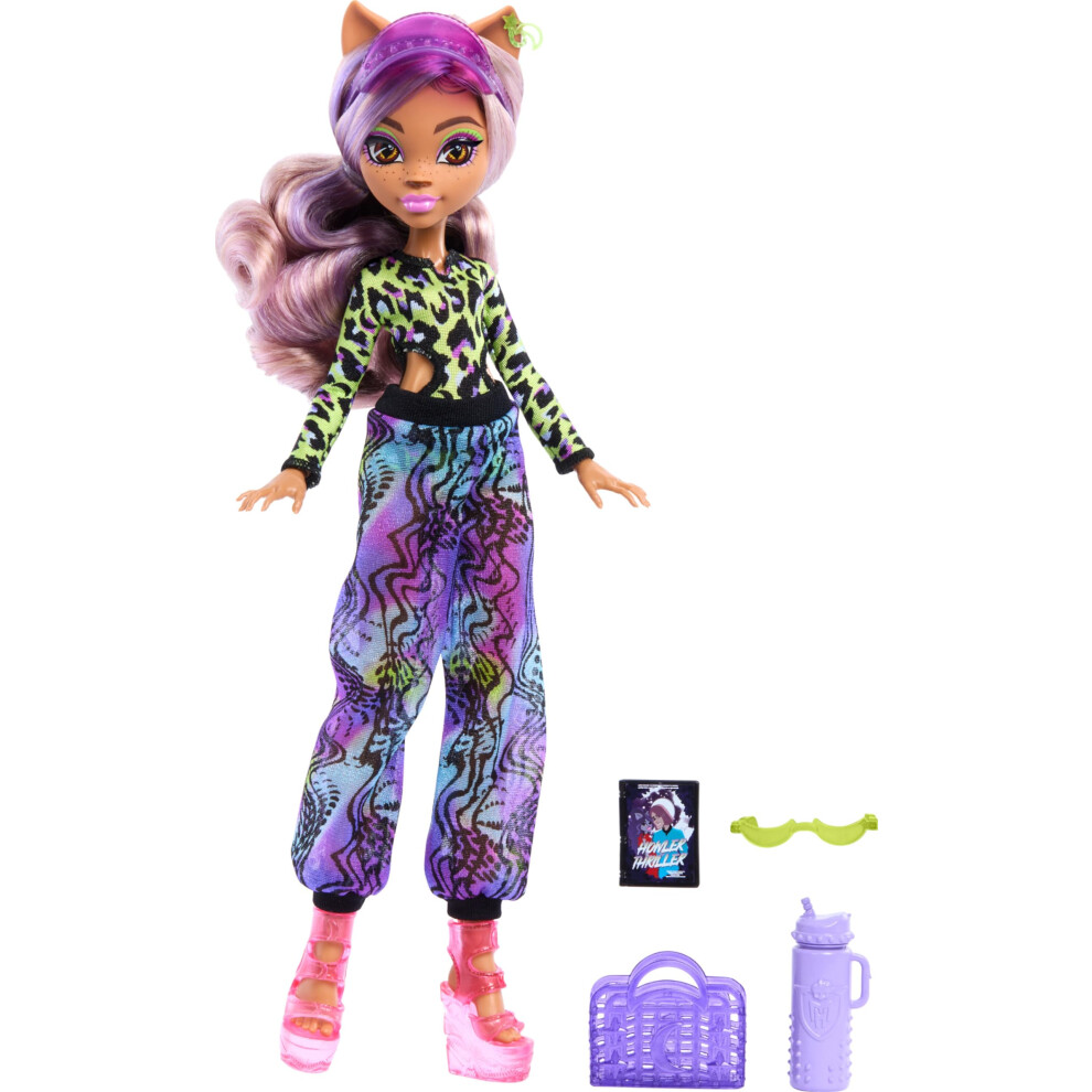 Monster High Scare-Adise Island Clawdeen Wolf, Bambola Con Costume Da Bagno E Accessori Da Spiaggia Come Visiera, Borraccia E Libro-image