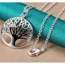 (O Chain, 50cm) 925 Sterling Silver Chain Tree Round Pendant Necklace For Woman