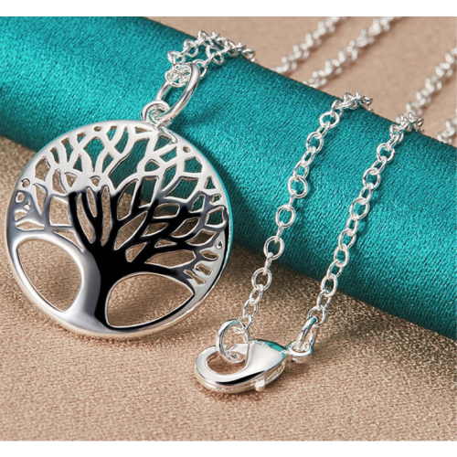 (O Chain, 50cm) 925 Sterling Silver Chain Tree Round Pendant Necklace For Woman
