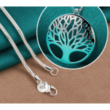 (Snake Chain, 65cm) 925 Sterling Silver Chain Tree Round Pendant Necklace For Woman