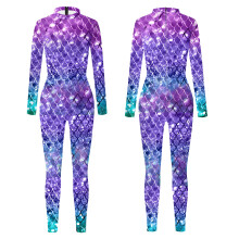 (Adult XL, Purple-green scale tights) New fish scale print cosplay costume adult children tight long-sleeved jumpsuits