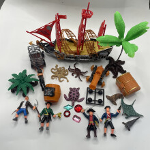 (Adventure Pirate) Pirate series action doll toy set, including pirate ship, small boat, treasure chest, artillery, shark