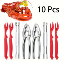 (10pcs) 10-Piece Stainless Steel Seafood Tool Set - Includes 2 Lobster Crab Pliers, 4 Shell Cutters, 4 Crab Leg Forks/Picks - Durable Metal Kitchen Tools