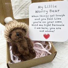 (Dark Brown) [Pocket-Sized Worry Bear Gift] 1pc My Little Worry Bear Miniature Gift Box with Encouraging Card - Pocket-Sized Bear Hug Keepsake