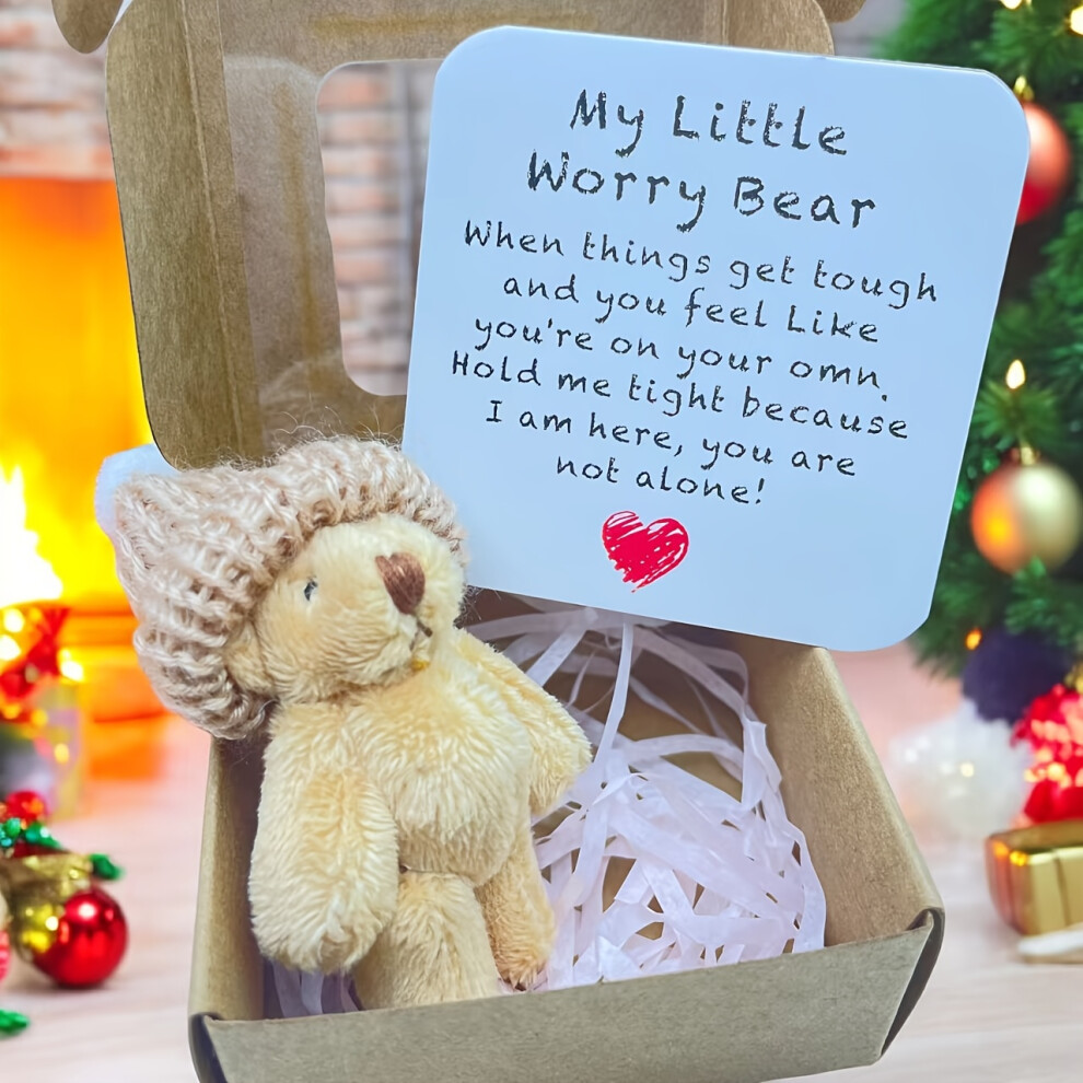 Closkye (Champagne) [Pocket-Sized Worry Bear Gift] 1Pc My Little Worry Bear Miniature Gift Box With Encouraging Card - Pocket-Sized Bear Hug Keepsake
