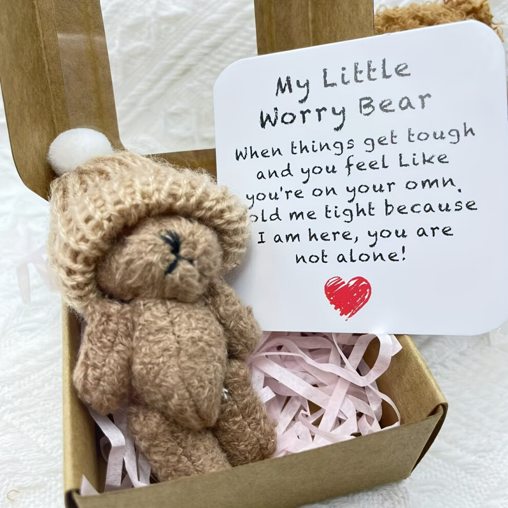 Closkye (Brown) [Pocket-Sized Worry Bear Gift] 1Pc My Little Worry Bear Miniature Gift Box With Encouraging Card - Pocket-Sized Bear Hug Keepsake Brown