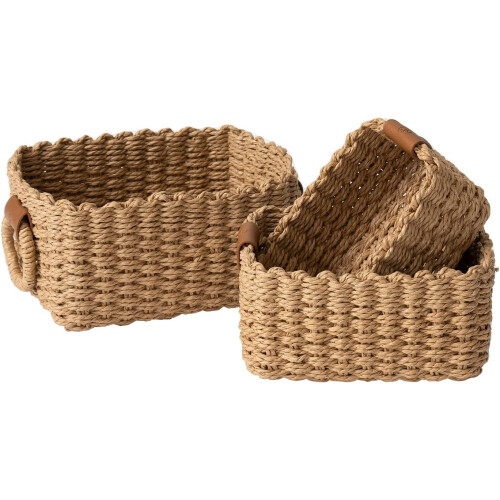 3pcs Woven Wicker Storage Baskets, Paper Rope Storage Boxes (Desert)