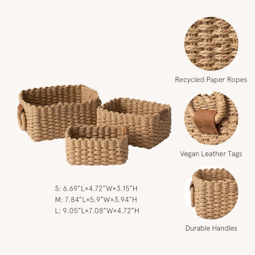 3pcs Woven Wicker Storage Baskets, Paper Rope Storage Boxes (Desert) 1