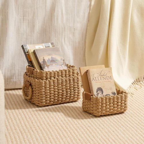 3pcs Woven Wicker Storage Baskets, Paper Rope Storage Boxes (Desert) 2