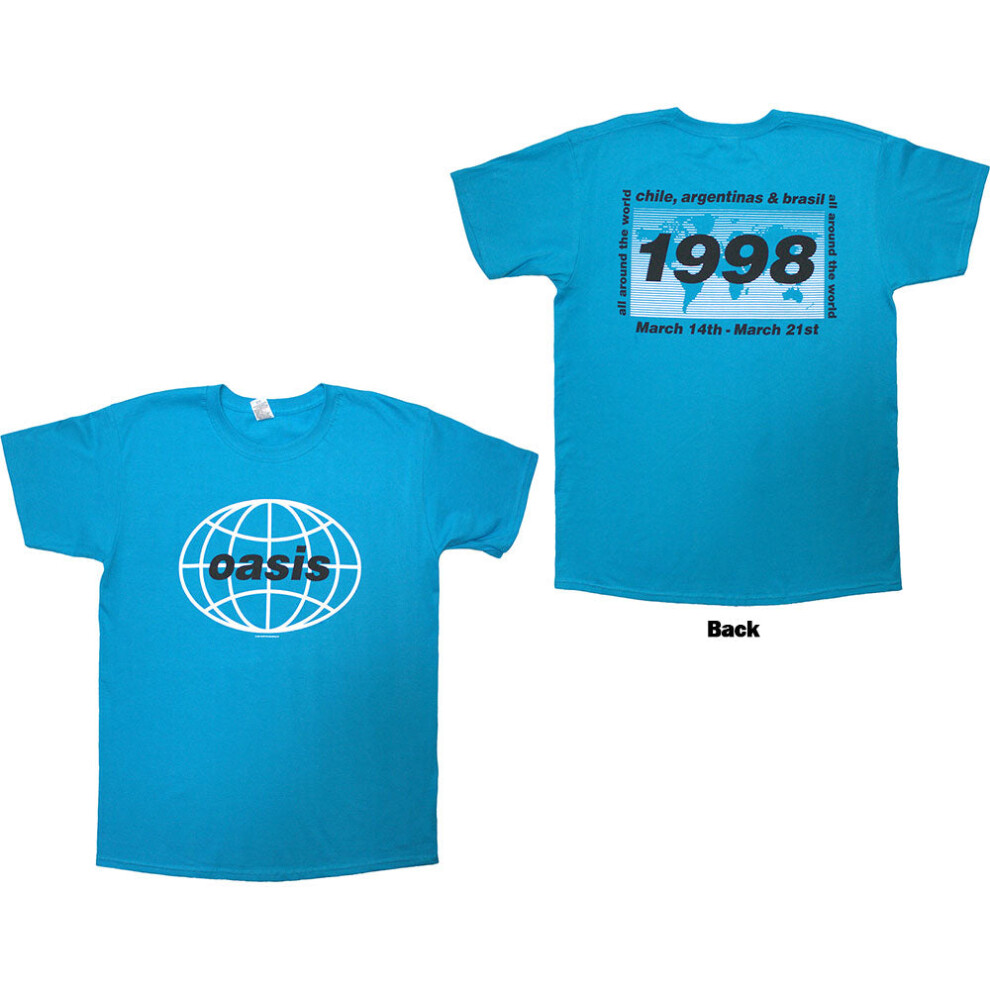 (Blue, Medium) Oasis T-Shirt: 1998 World Tour - South America (Blue) (Back Print)