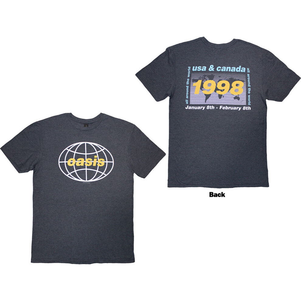 (Blue, Small) Oasis T-Shirt: 1998 World Tour - USA/Canada (Navy Blue) (Back Print)