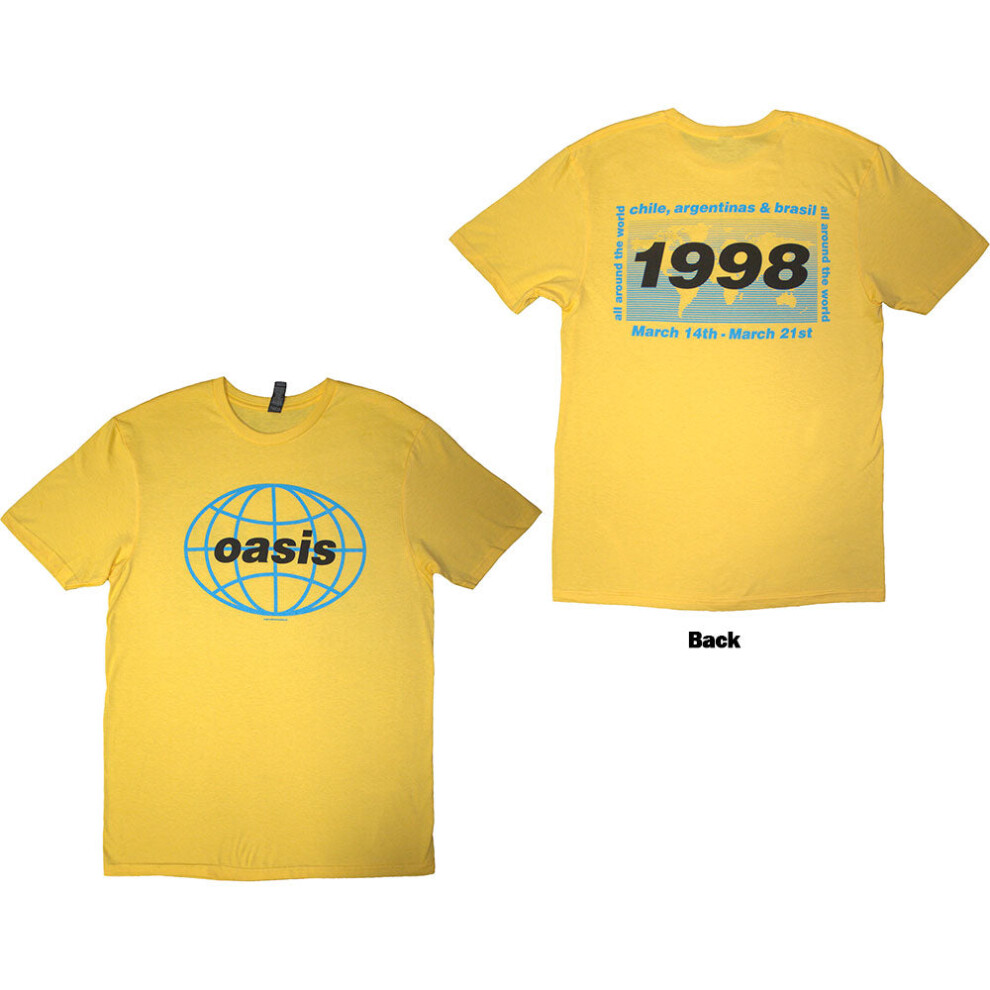 (Yellow, Small) Oasis T-Shirt: 1998 World Tour - South America (Yellow) (Back Print)