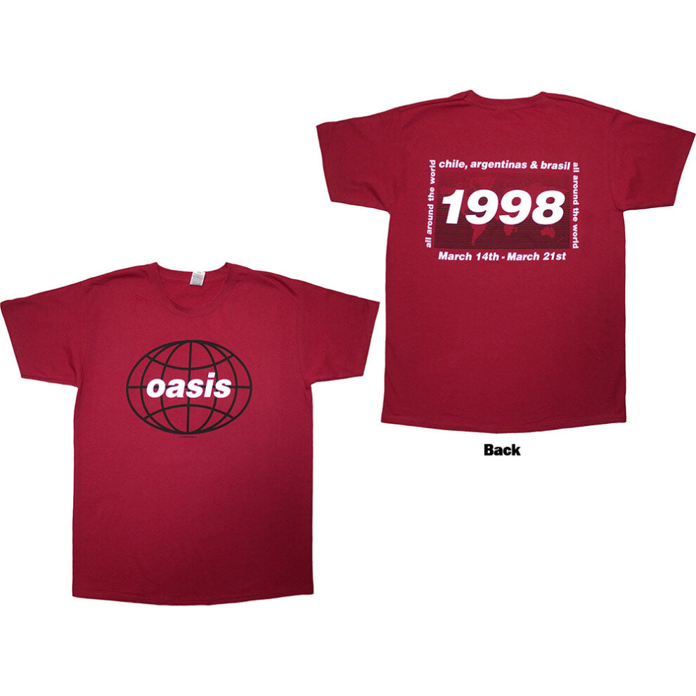 (Red, X-Large) Oasis T-Shirt: 1998 World Tour - South America (Red) (Back Print)