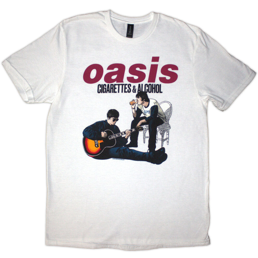 (White, X-Large) Oasis T-Shirt: Cigarettes & Alcohol Illustration (White)