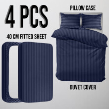 (Super King) Navy Stripe Duvet Cover 4-Piece Hotel Quality Quilt Covers With Fitted Sheet & Pillowcases