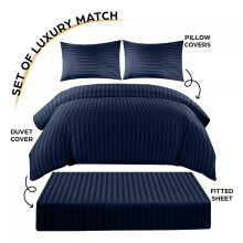 (Double) Navy Stripe Duvet Cover 4-Piece Hotel Quality Quilt Covers With Fitted Sheet & Pillowcases