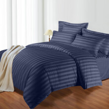 (Single) Navy Stripe Duvet Cover 4-Piece Hotel Quality Quilt Covers With Fitted Sheet & Pillowcases