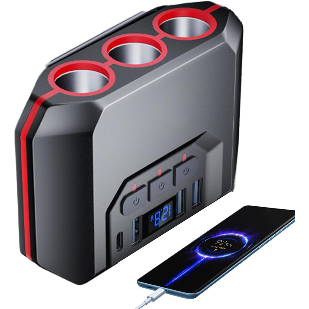 Car Cell Phone Charger - 3 Socket Car Charger Splitter,120W Car USB Charger, Car Charging Port With Digital Display USB Type-C Ports For Electronic