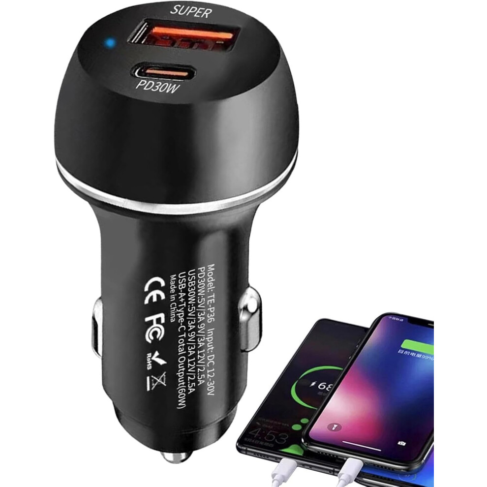 (Black) Car Charger - Double Port USB Charger,60W USB Car Charger PD Fast Charging Car Charger Type-C USB Charger for Game Console