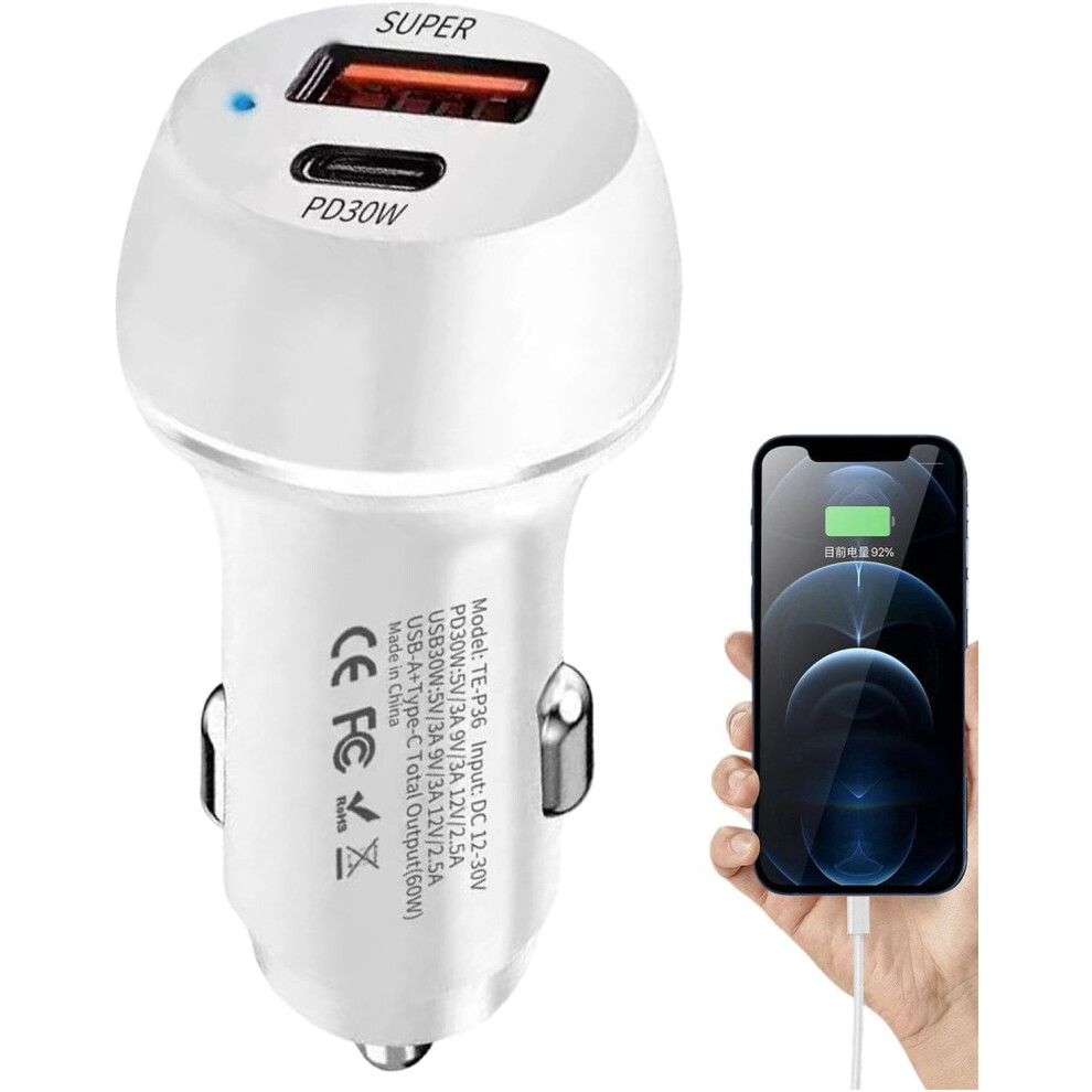 (White) Car Charger - Double Port USB Charger,60W USB Car Charger PD Fast Charging Car Charger Type-C USB Charger for Game Console