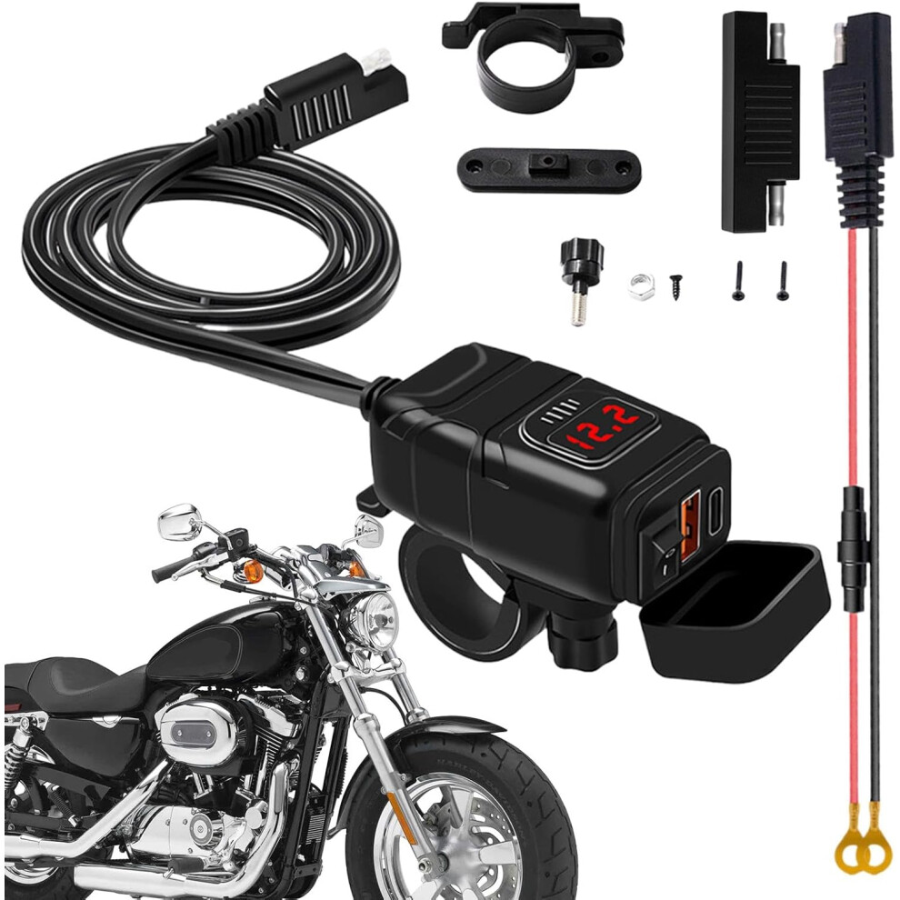 (Red) Phone Charger For Motorcycle | SAE To USB Adapter Motor - Double Port Motor Phone Charger with Voltmeter/Off Button for Tablet, GPS, Boats