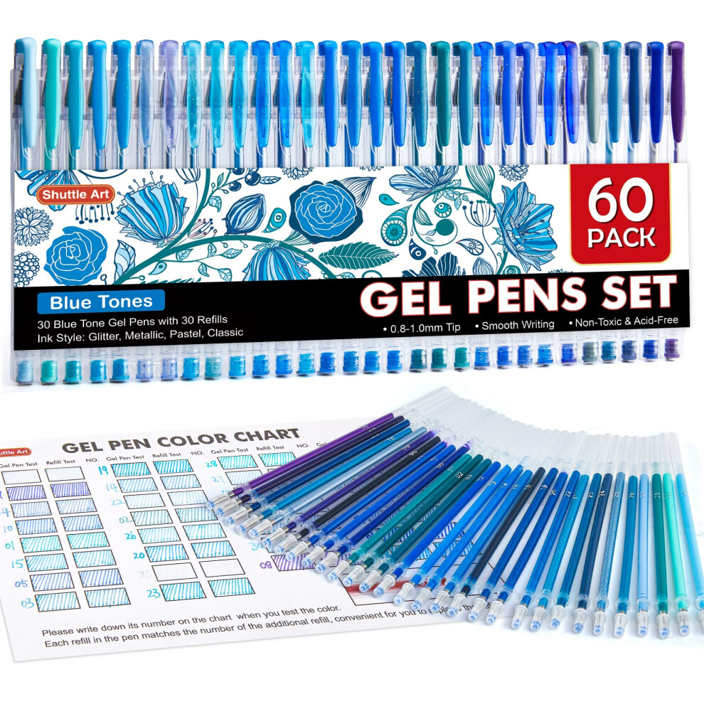 Shuttle Art 60 Pack Blue Tone Gel Pens, 30 Blue Tone Gel Pens with 30 Refills for Adults Coloring Books Journaling Drawing Nature, Landscapes, Animal