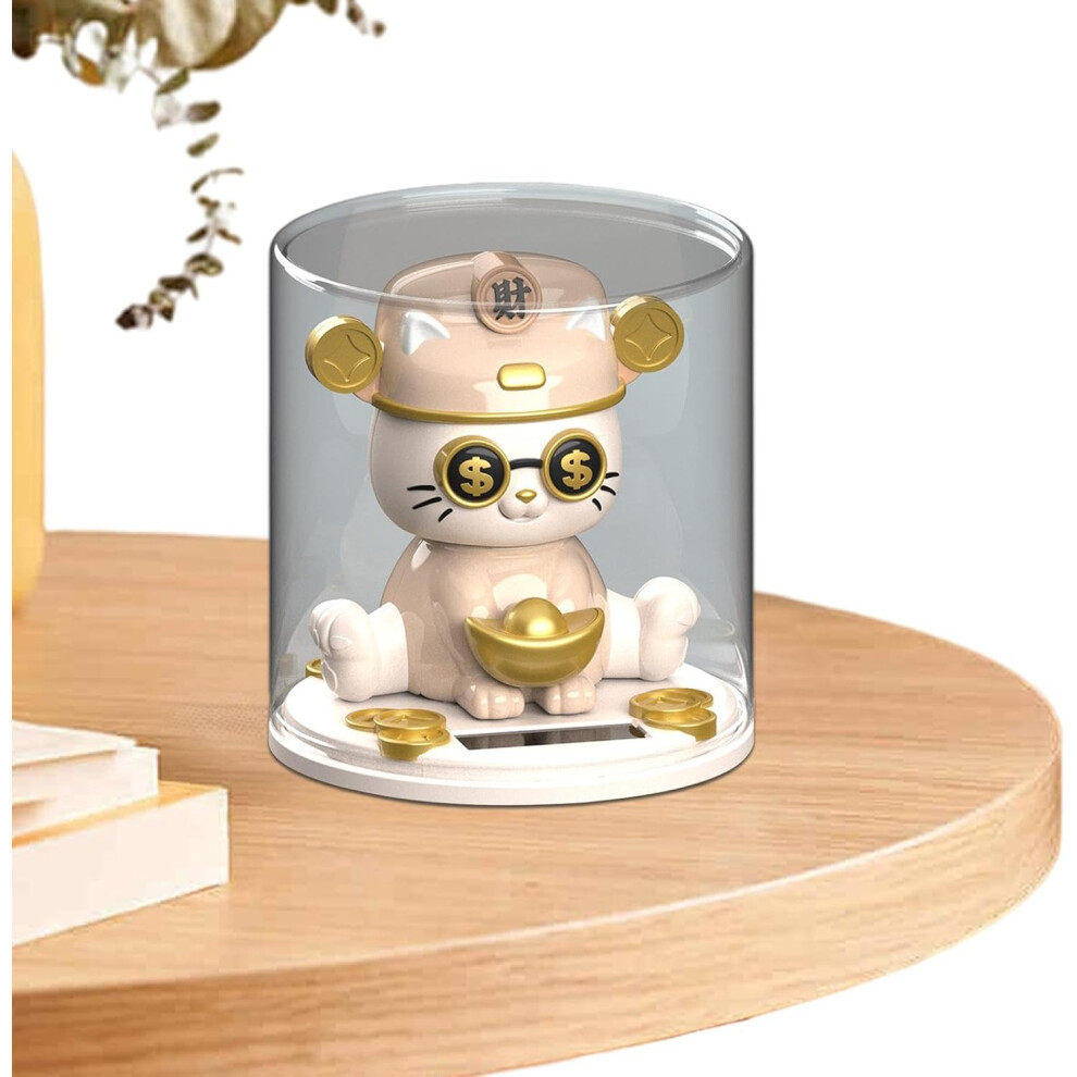 ( Hat) Nodding Cat Figurine For Car Dashboard - Solar Automatic Nodding Kitten Statue | Adorable Luck Cat Table Figurine For Auto Center Console, White