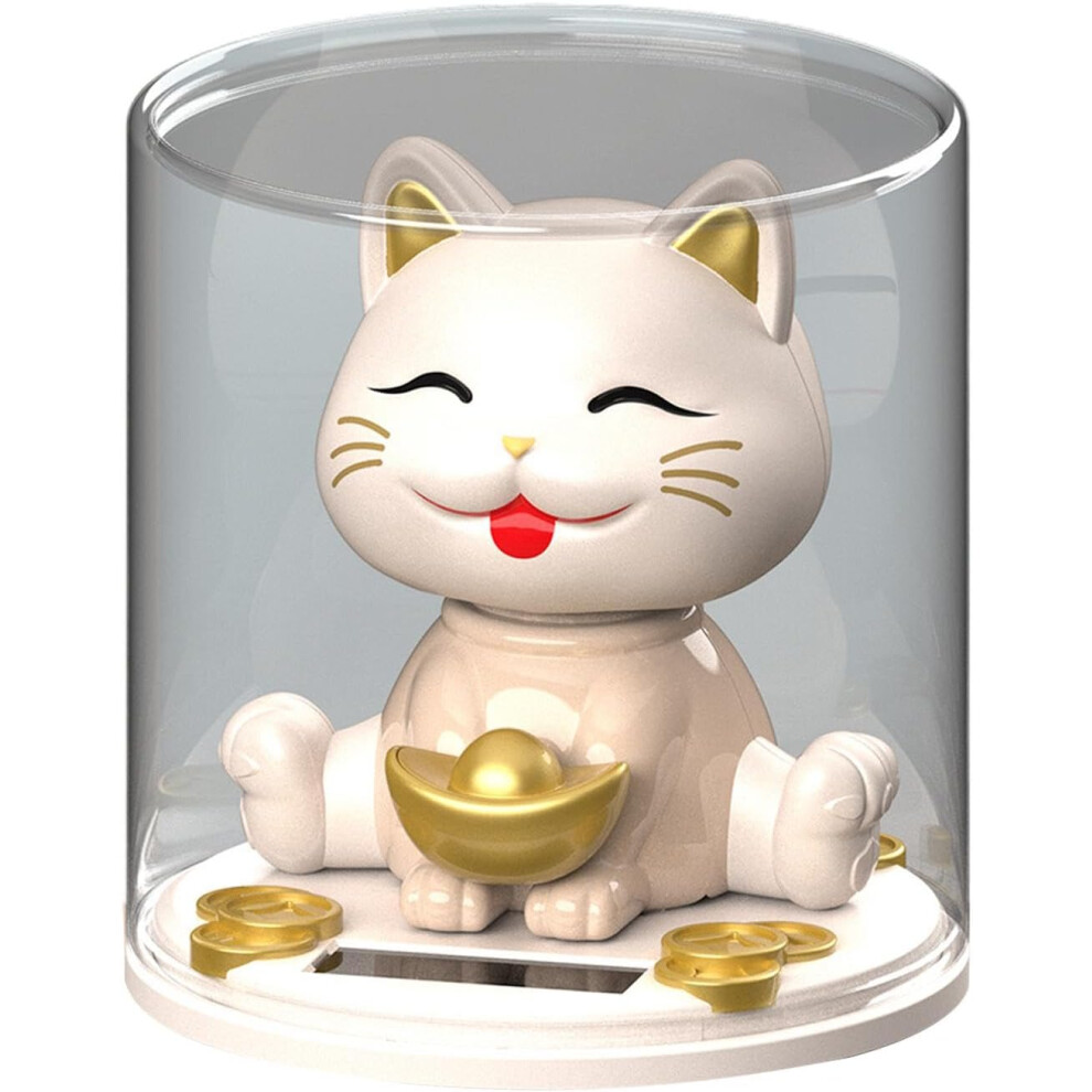 (White) Nodding Cat Figurine For Car Dashboard - Solar Automatic Nodding Kitten Statue | Adorable Luck Cat Table Figurine For Auto Center Console, White