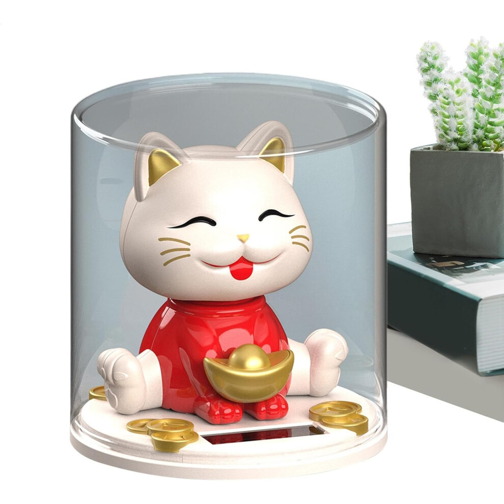 (Red) Nodding Cat Figurine For Car Dashboard - Solar Automatic Nodding Kitten Statue | Adorable Luck Cat Table Figurine For Auto Center Console, Red