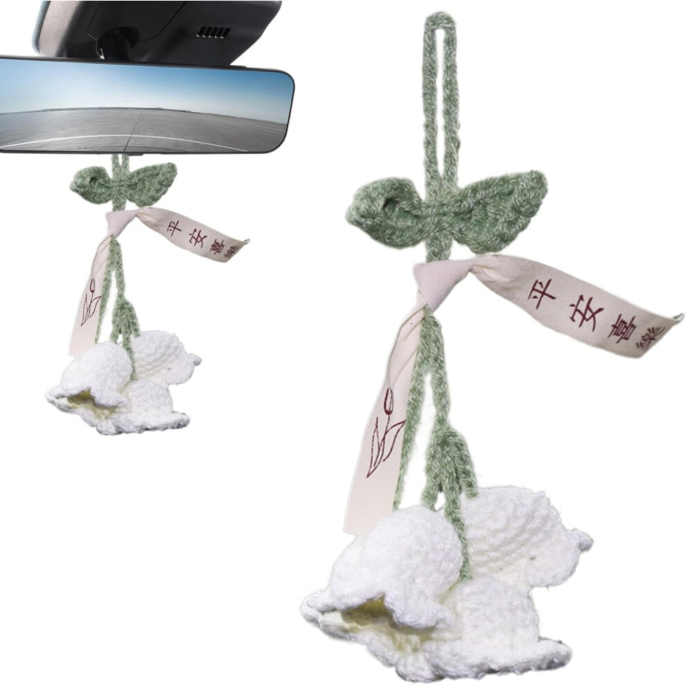 (White) Little Flower Ornaments For Car, Auto Lily Of The Valley Ornament, Rearview Looking-glass Crochet Flower Ornament For Front Door Yard Fence