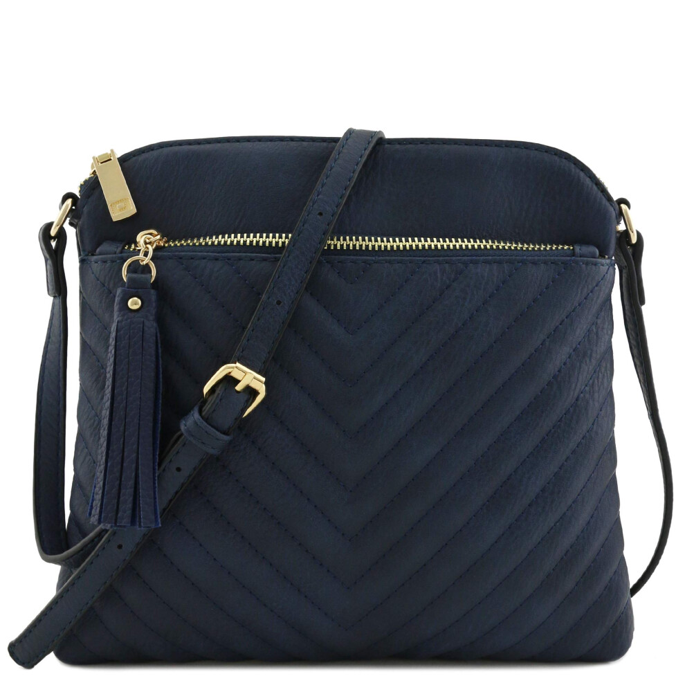 Srednia Pikowana Torba Na Ramie Fashionpuzzle Chevron Z Akcentem Fredzli (Granatowa)-image