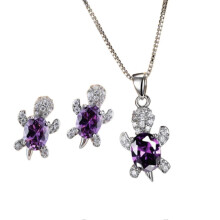 (Purple) Turtle Crystal Earrings Turtle Shape Pendant Necklace Set For Women Girls Jewelry Gift