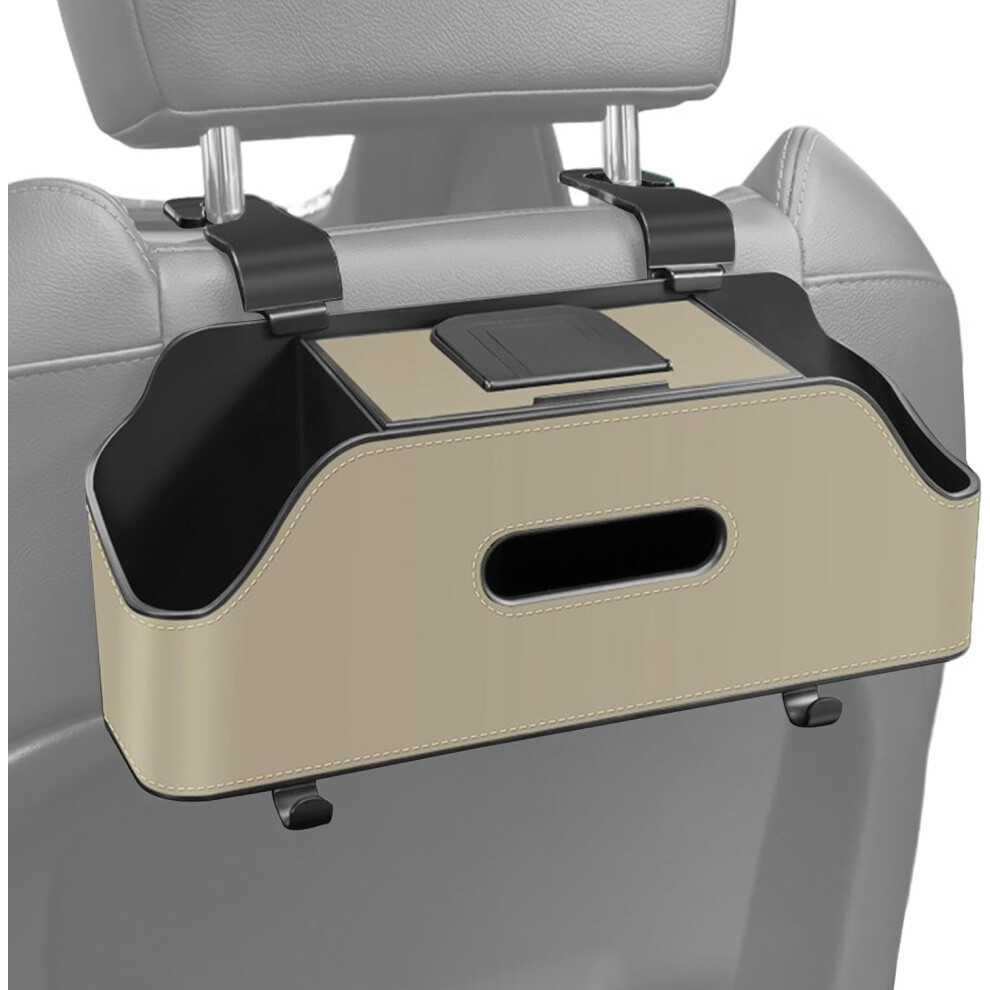 (Beige) Car Seat Organizer Backseat | 2 Cup Holders, Headrest Hooks, Tissue Box, Car Seat Back Storage,Car Necessities, Multi-functional Car Caddy Org