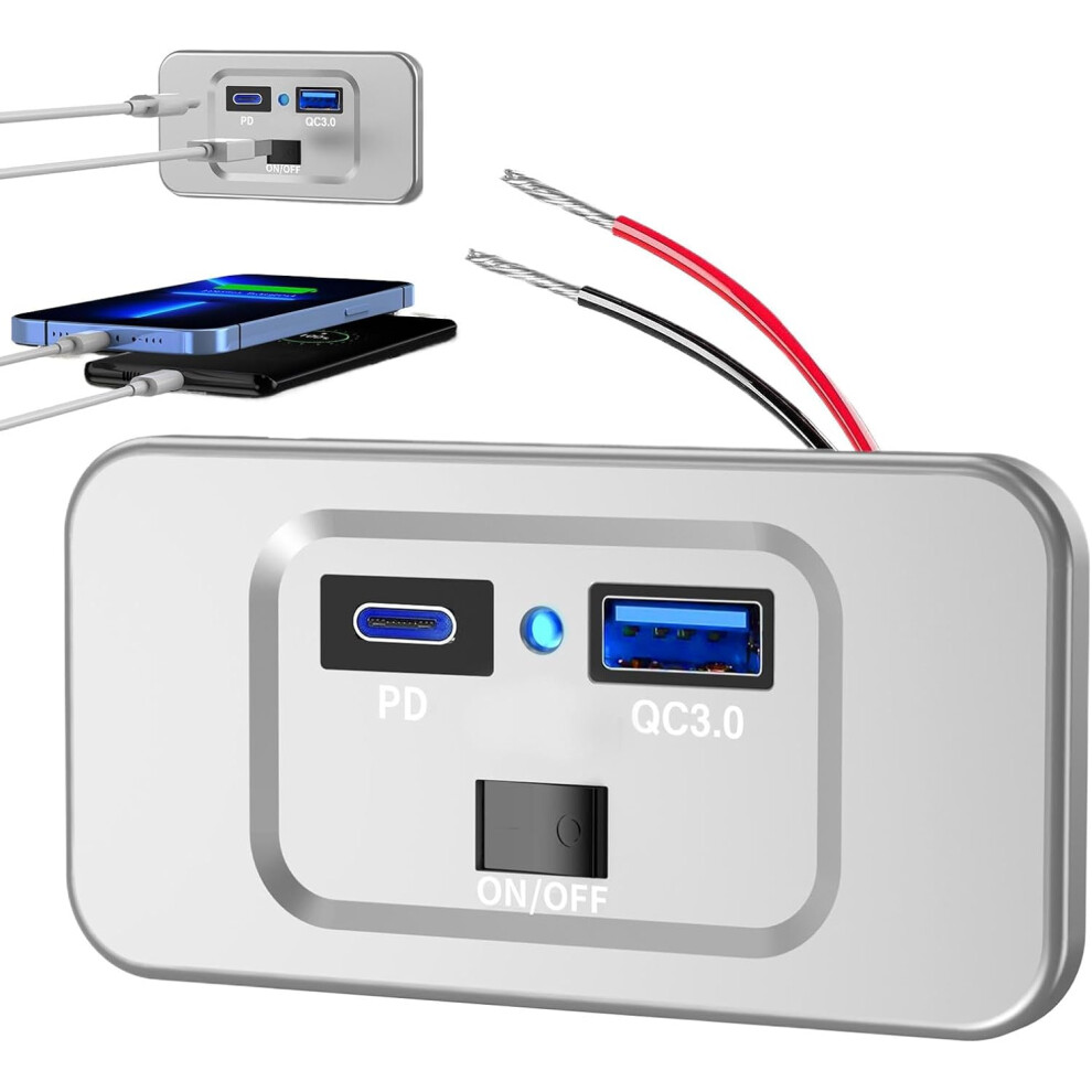 (Blu-ray) RV USB Outlet | USB Charger Fast Charging Car USB Port,2 USB Port Car Charging Socket PD QC3 USB Plug for Car RV Marine ATV RV Marine Motorc