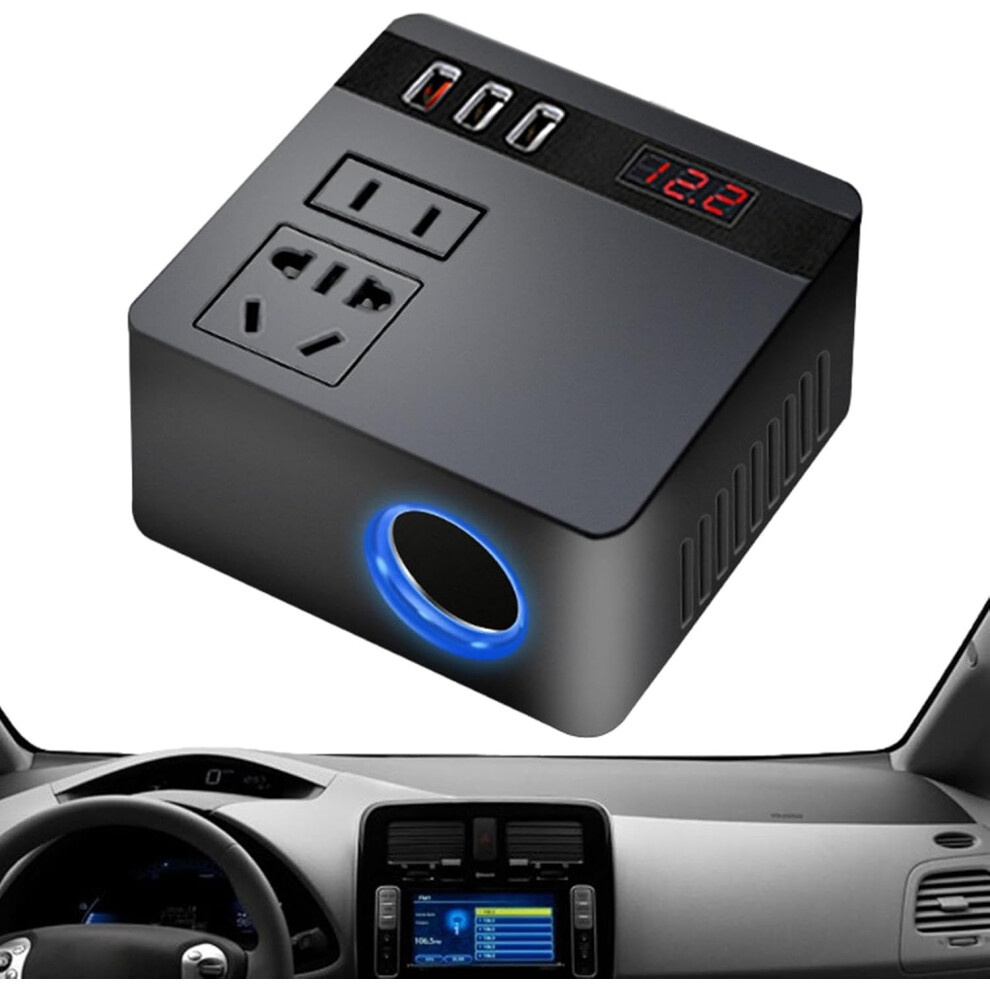 (Square black 12V/24V output 110V/220V) Car Plug In Adapter Outlet - Household Socket,Electric Car Charger, 150W Quick Charging For Travel, Compressor
