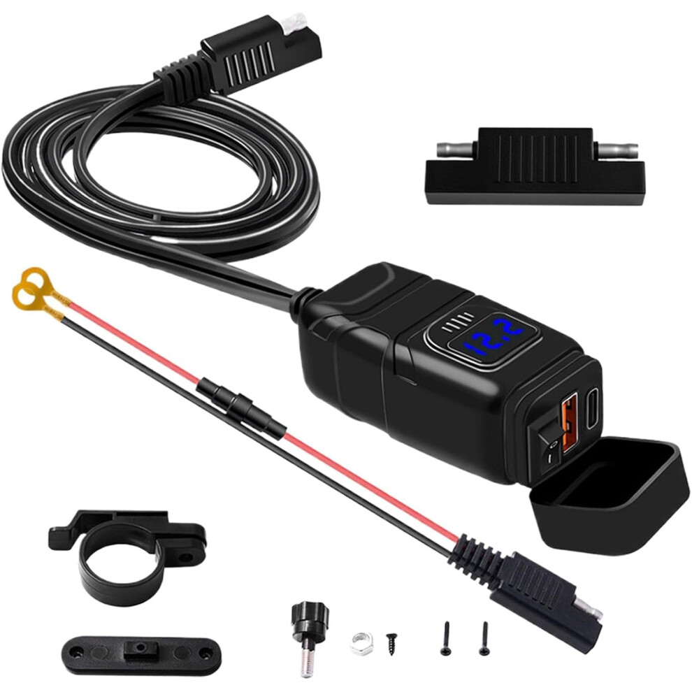 (Blue) Phone Charger For Motorcycle | SAE To USB Adapter Motor - Double Port Motor Phone Charger with Voltmeter/Off Button for Tablet, GPS, Boats