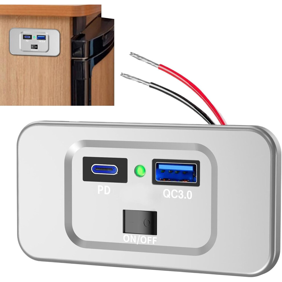 (green light) RV USB Outlet | USB Charger Fast Charging Car USB Port,2 USB Port Car Charging Socket PD QC3 USB Plug for Car RV Marine ATV RV Marine Motorcycle Truck