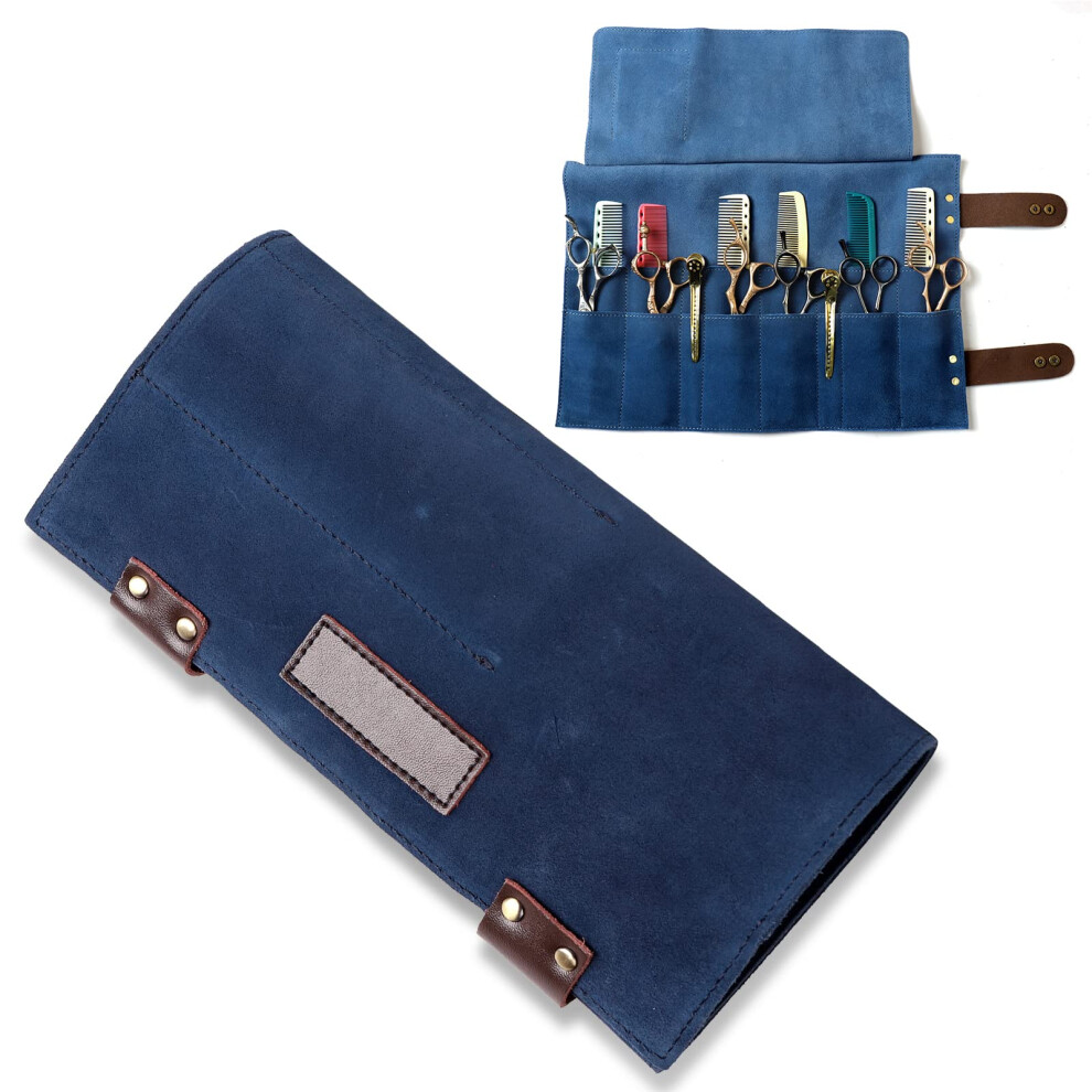 Salon Scissors Bag Roll Up 12 Pockets Genuine Leather Stylist Grooming Scissors Holder Barber Hair Scissor Shears Cases For Hairdressers (Hj-Zp011-Bl 5060874905677