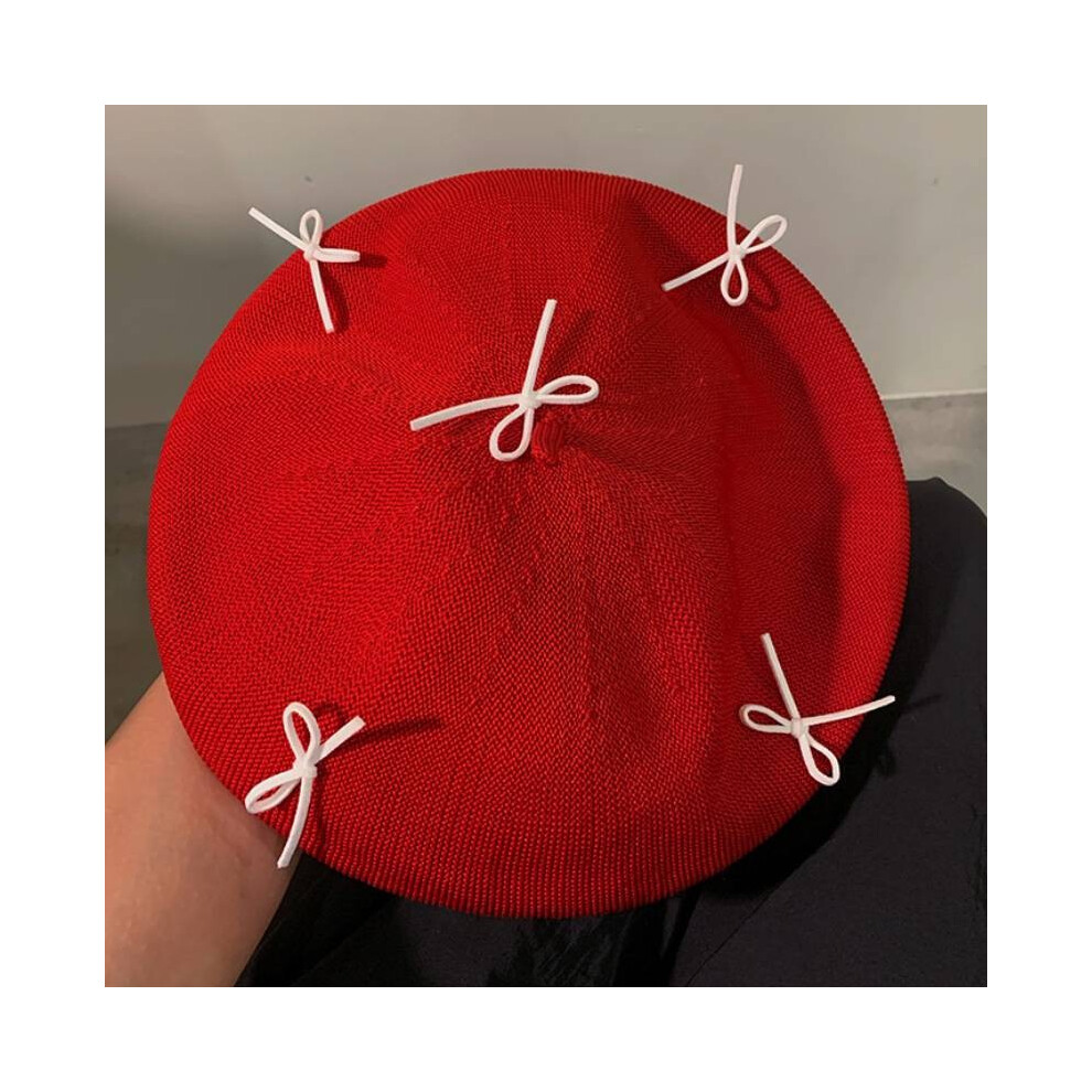 (Red) Beret Bow Painter Hat Uv Protection Breathable Style Female Lightweight Red