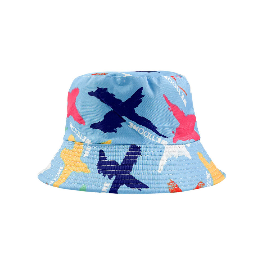 (Sky ) Graffiti Double Sided Fisherman Hat Printed Tie Dye Bucket Outdoor Sunshade Cap Blue