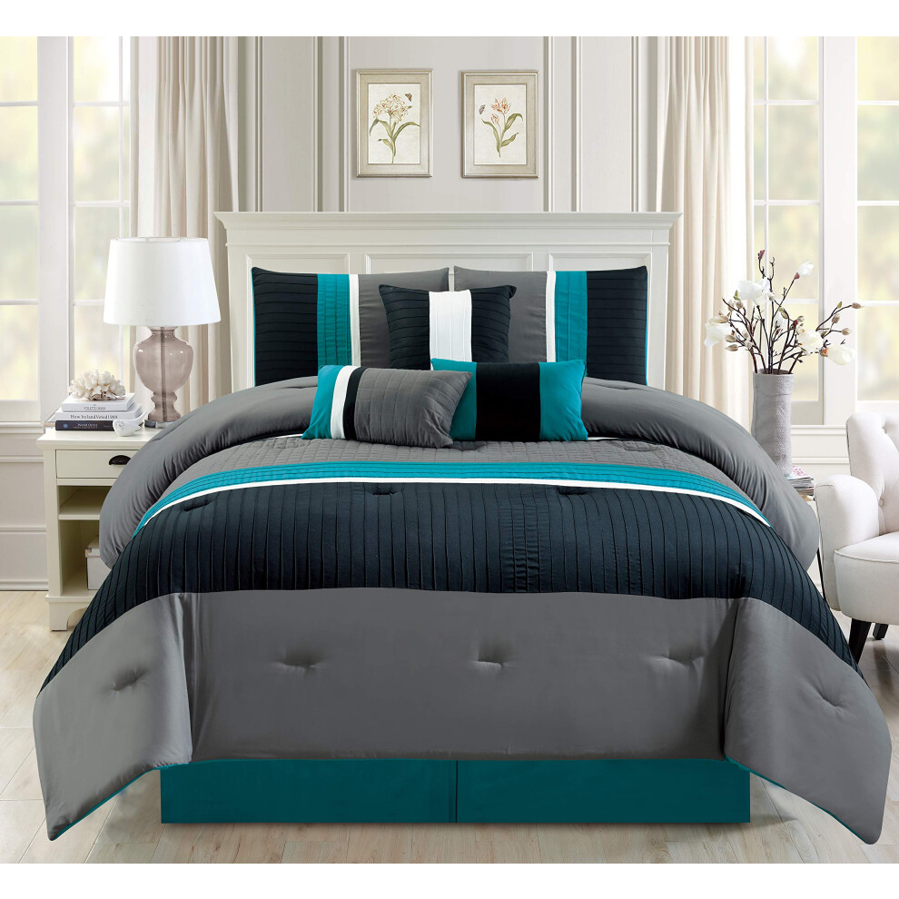 Parure de lit pliss   e en microfibre 7 pi   ces bleu sarcelle, gris et noir, taille Queen, id   ale pour toute chambre ou chambre d'amis