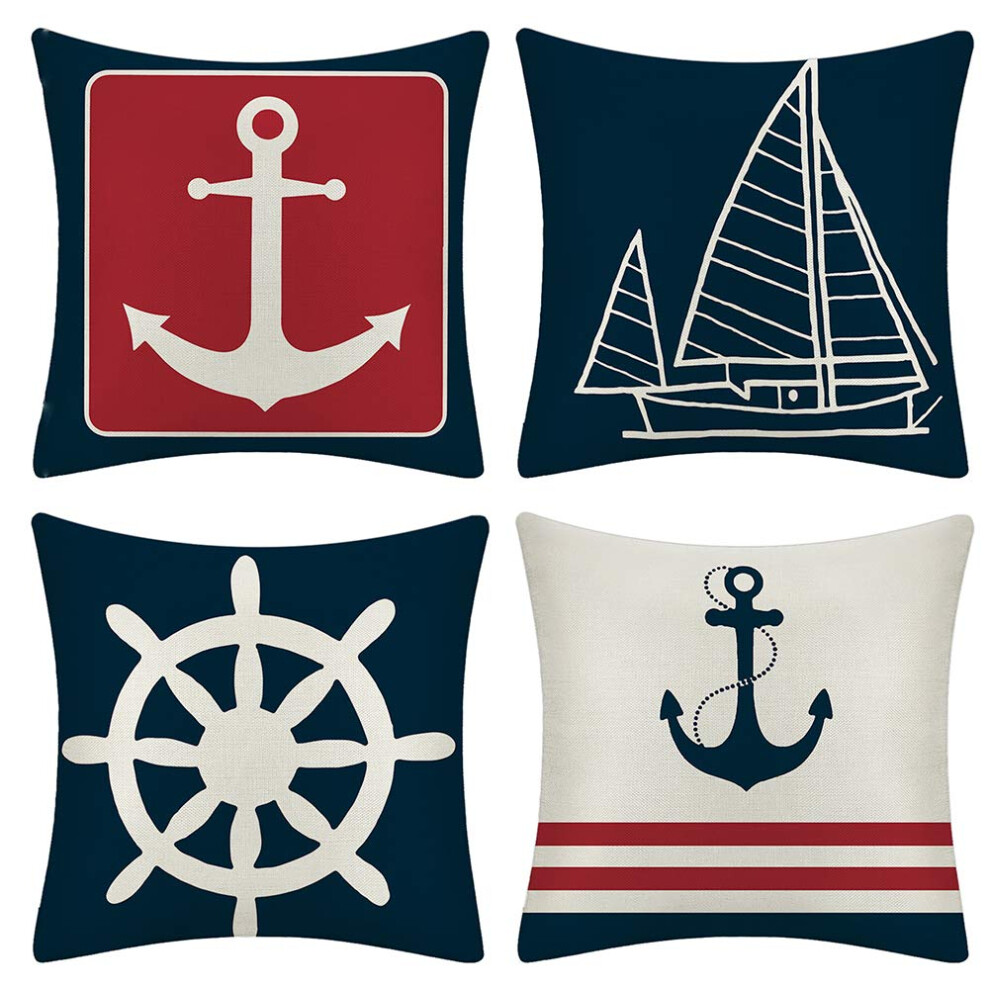 JOTOM Lot de 4 housses de coussin d   coratives carr   es motif nautique pour canap   , chambre, voiture, 45,7 x 45,7 cm (Ancre)
