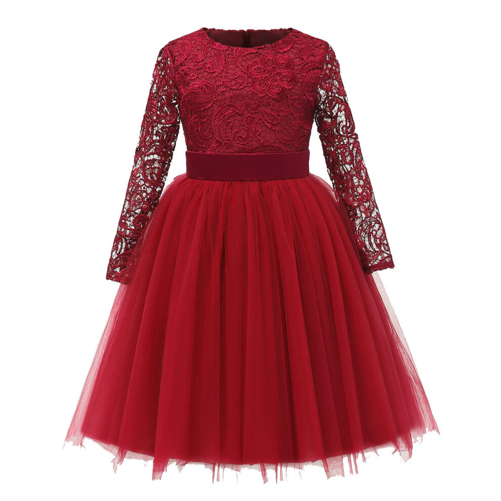 Robe de demoiselle d'honneur     manches longues, haut en dentelle, jupe en tulle, robes de soir   e en dentelle pour filles (taille 6, bordeaux)