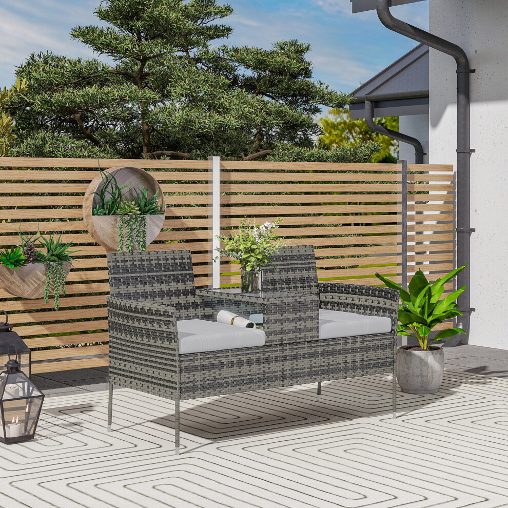 Outsunny Rattan Garden Bench w/ Glass Tea Table, Wicker Chair w/ Cushions Charcoal Grey