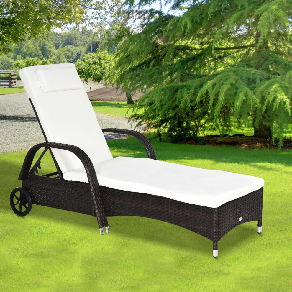 Outsunny Adjustable Wicker Rattan Sun Lounger Recliner Chair W/ Cushion Brown