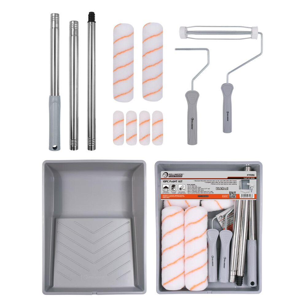 Rollingdog Paint Roller Kit With Extension Pole - 9 Inch Paint Roller With Tray 4Inch Mini Rollers Stainless Steel Extension Pole (3Ft) 6975284272983