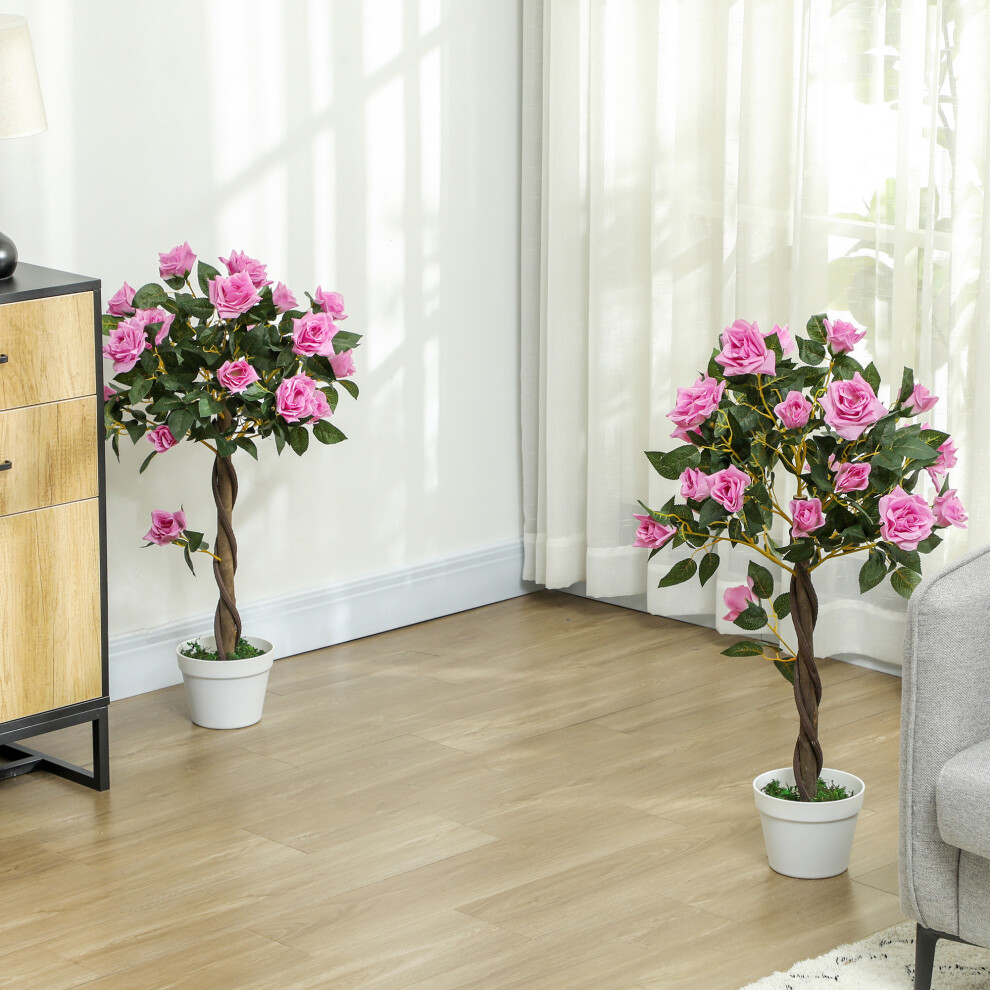 Outsunny Set Of 2 90Cm Artificial Rose Tree, Fake Decorative Plant, Purple